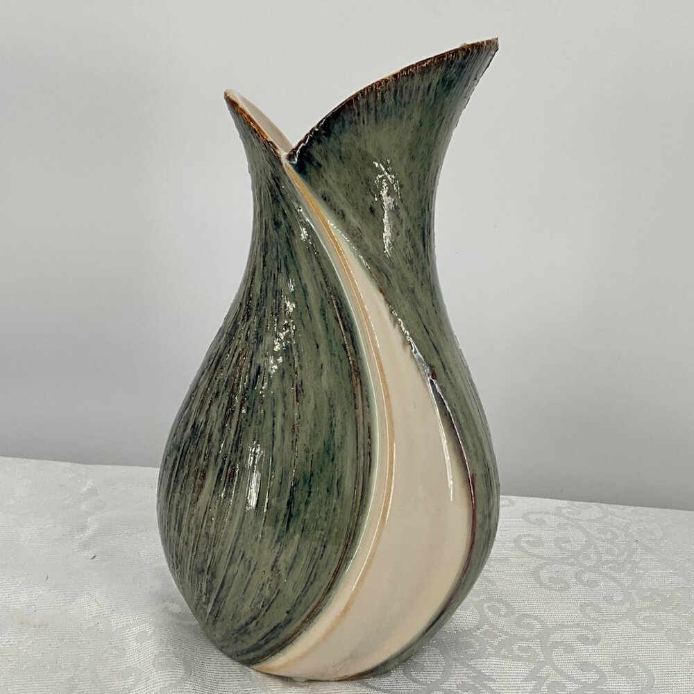 Abstract Green & Cream Ceramic Vase‎